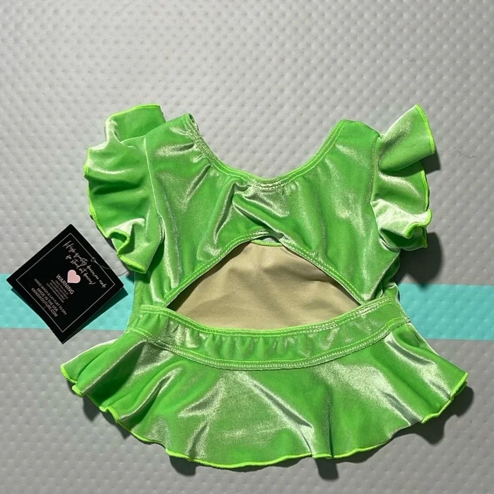 Kandi Kouture Neon Green Velvet Ruffle Peplum Dance Top Child Medium child CM